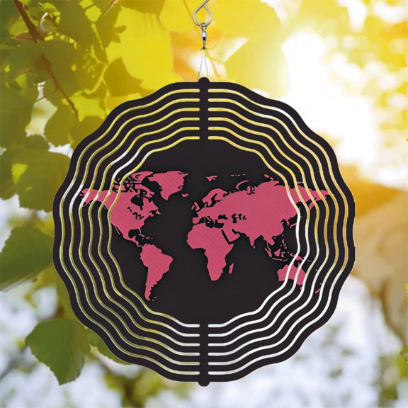Stylish Metal Hanging Wind Spinners & Chimes - Pink Continent & Dark Red Ocean Design Radiating Waves for Yard & Garden Decor