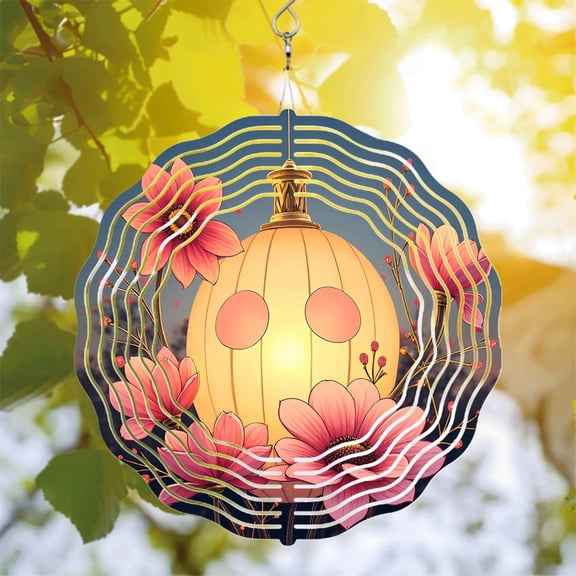 Stylish Metal Hanging Wind Spinners & Chimes - Pumpkin Design with Floral Accents for Yard & Garden Decor Autumn Vibes