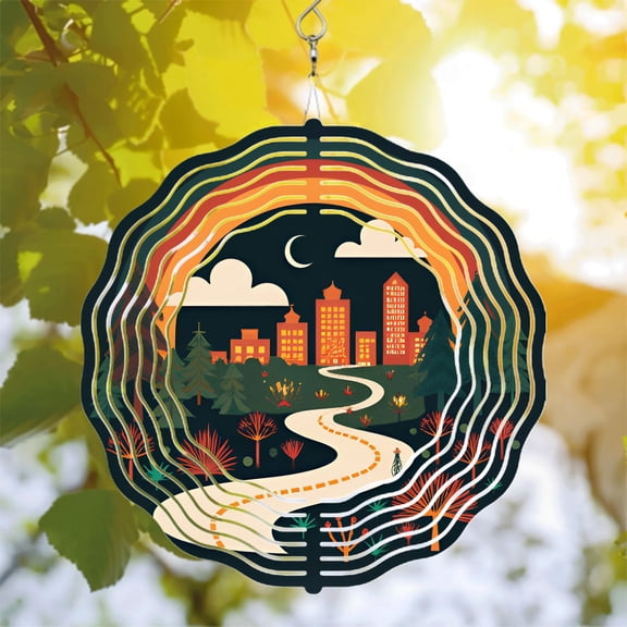 Stylish Metal Hanging Wind Spinners & Chimes - Vibrant Urban Nightscape Design for Yard & Garden Decor Cozy Atmosphere
