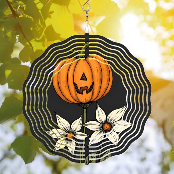 Stylish Metal Hanging Wind Spinners & Chimes for Yard - Concentric Circular Design with Pumpkin & Floral Accents Perfect Garden Decor
