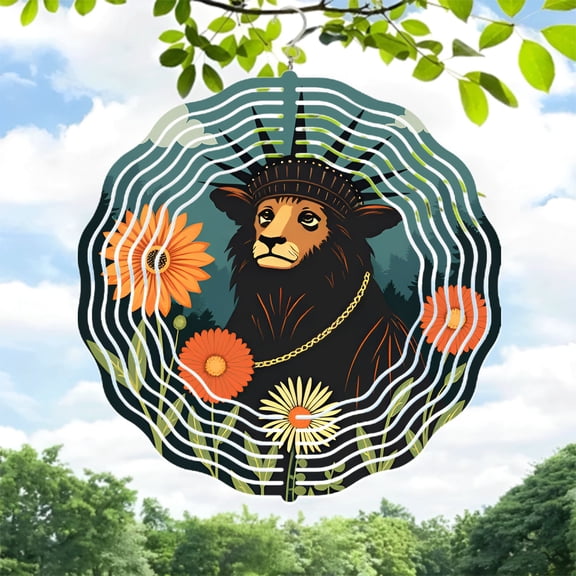 Stylish Metal Wind Spinner with Crowned Lion Design Vibrant Floral Patterns Perfect for Yard and Garden Decor Unique Depth Effect