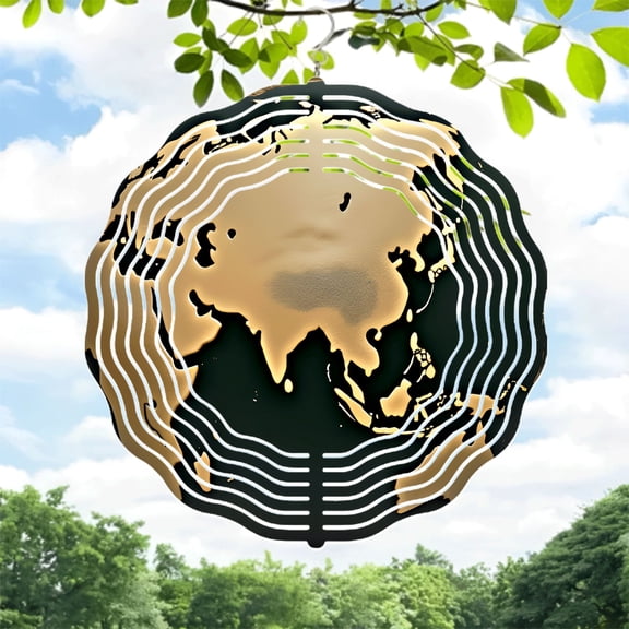 Stylish Metal Wind Spinner with Gold Continents & Dark Blue Oceans Design - Perfect for Yard & Garden Decor Symmetrical & Eye - Catching