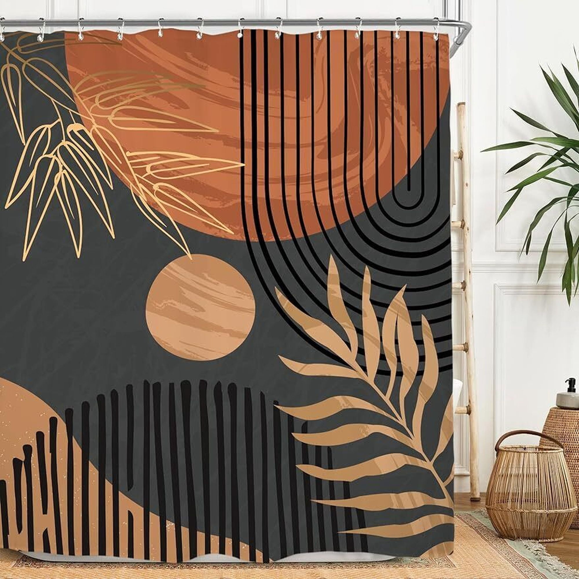 Picture of Mid Shower Curtain Minimalist Modern Geometric Leaves Plant Aesthetic ...