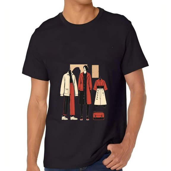 Stylish Minimalist Cotton Short Sleeve T-Shirt for Men - Red Coat & Striped Shirt Design Clean Lines Monochrome Fashion Tee