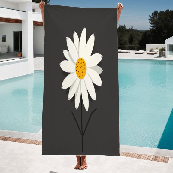 Stylish Minimalist Daisy Pattern Beach Towel - Soft Bath & Pool Towel for Travel Featuring White Daisies on Dark Background