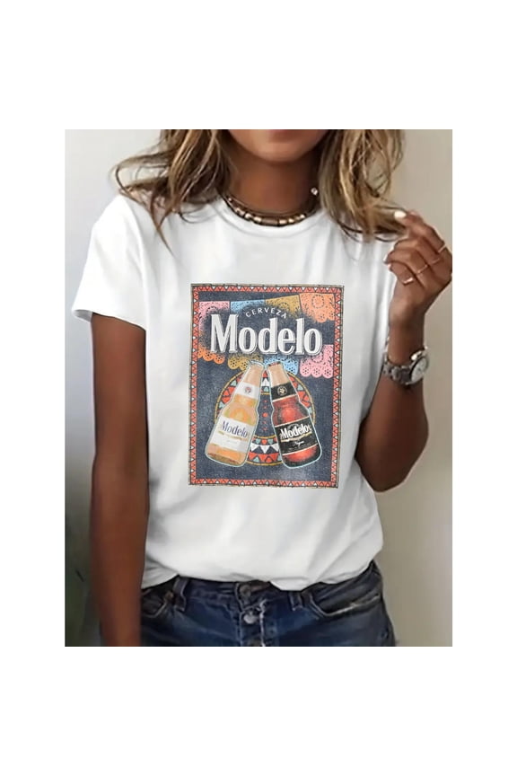 Stylish Modelo Beer Tops for Women Bold Graphic Tees Featuring Modelo Beer Bottles And Cultural Design Fashionable Short Sleeve Casual Tops Ideal For Beer Lovers