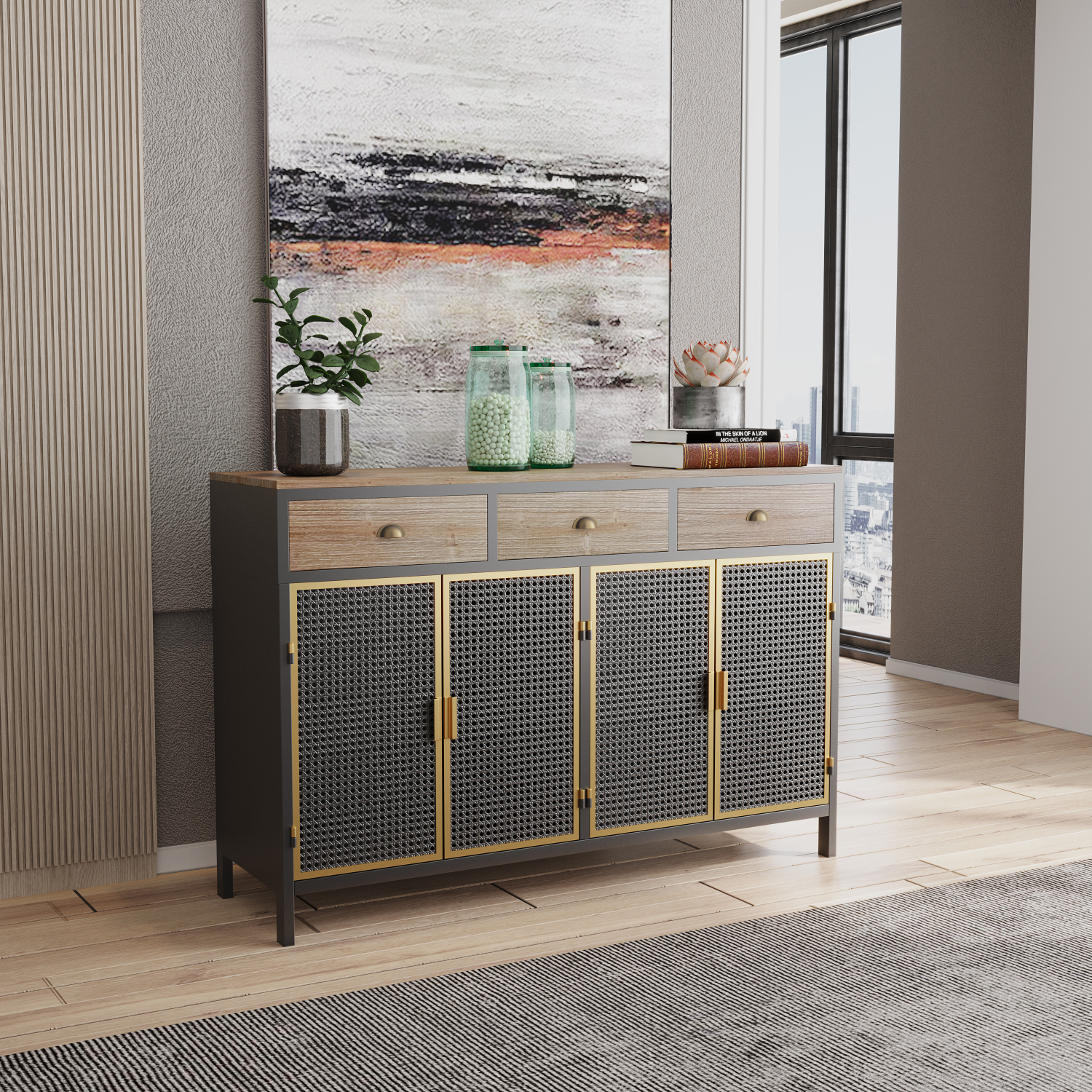 Modern 48” Wide Freestanding Sideboard with 4 Doors and 3 Top Drawers - Stylish Sideboard ...