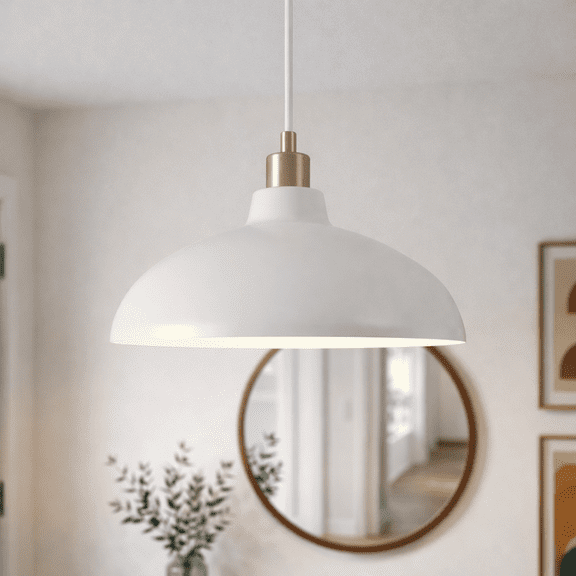 Stylish Modern Gold Brass Pendant Light for Kitchen Island - 14 Inch Single Light, Elegant White Drum Shade Ceiling Lamp for Entryway with Hanging Cord