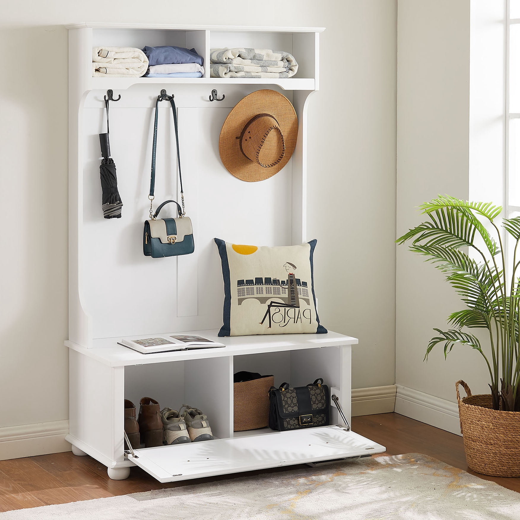 Tree Shoe Rack Stylish Modern Hall Tree in White with Shoe Rack Bench and Coat Hooks ...