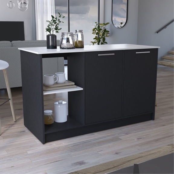 Stylish Modern Kitchen Island With Sufficient Worktop And Double Door Shelf In Black & Rectangular Abundant Workspace
