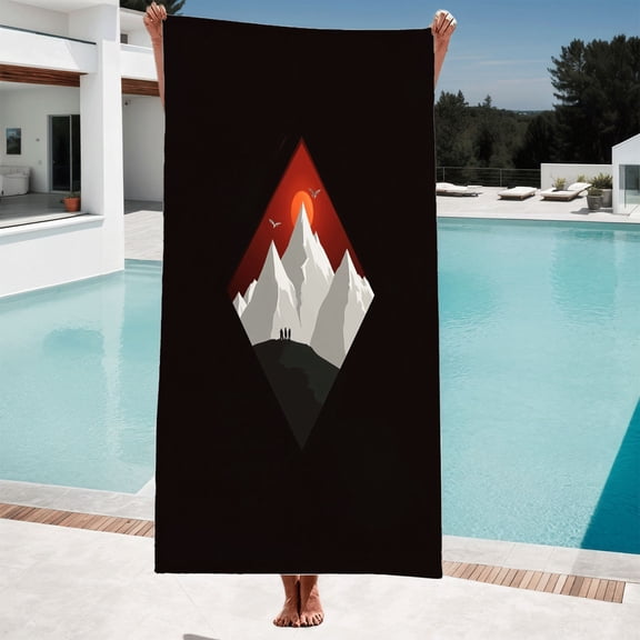 Stylish Mountain Landscape Beach Towel - Red Sun Snow - Capped Peaks Silhouetted Figures Perfect for Pool Travel & Bath