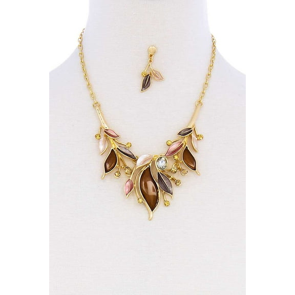 Stylish Multi Rhinestone Leaf Necklace And Earring Set Brown