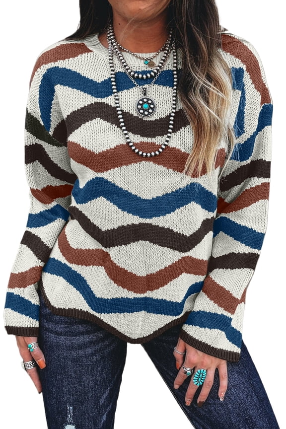 Stylish Multicolour Retro Wave Sweater for Women – Embrace Autumn in Comfort and Style, M