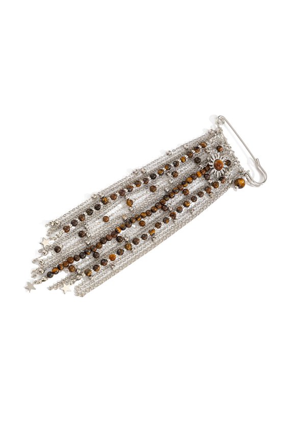 Stylish Multilayer Chain Brooch Adorned With Tigers Eye Stone Beads And Flowing Fringe Multi Layer Chain Fringe Pin