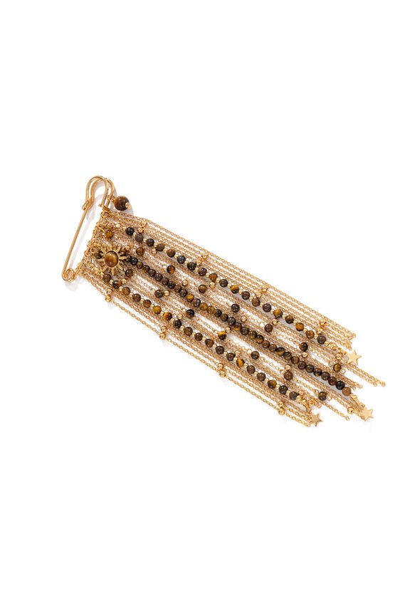 Stylish Multilayer Chain Brooch Adorned With Tigers Eye Stone Beads And Flowing Fringe Multi Layer Chain Fringe Pin