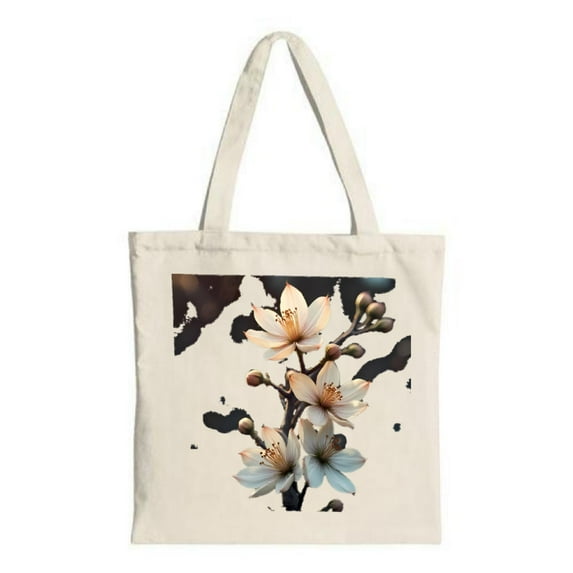 Stylish Natural Canvas Tote Bag with White Flowers & Yellow Centers on Dark Abstract Background - Perfect for Shopping & Travel