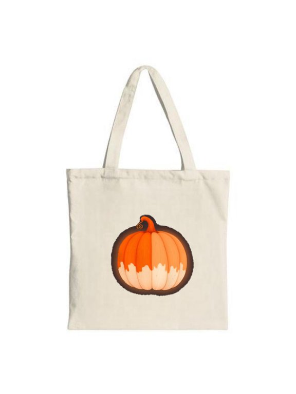 Stylish Natural Cotton Tote Bag with Pumpkin Illustration Brown Stem & Decorative Pattern - Perfect for Shopping Travel & Parties