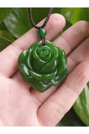 Stylish Natural Green Jade Rose Necklace Pendant Hand Engraved Lucky Talisman