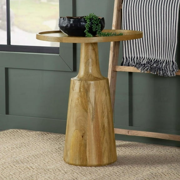 Stylish Natural Pedestal Accent Table - Features Stable Tapered Base & Round Secured Surface