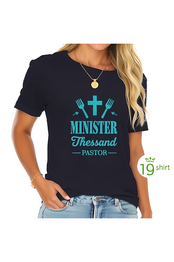 Stylish Navy Blue Cotton Short Sleeve T-Shirt with Bold 'Minister' Design Cross & Forks - Perfect for Casual Gatherings