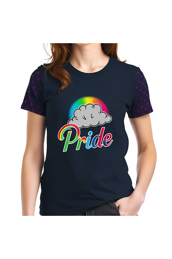 Stylish Navy Blue Cotton Short Sleeve T-Shirt with Bold 'Pride' Print Colorful Design & Pink Polka Dot Sleeves