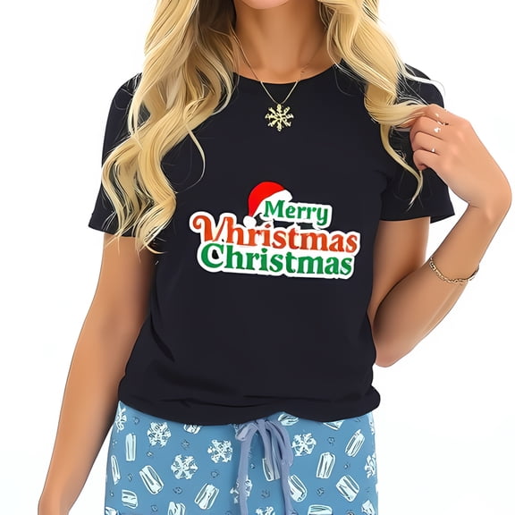 Stylish Navy Blue Cotton Short Sleeve T-Shirt with Festive 'Merry Vhristmas' Design & Santa Hat Perfect for Holiday Celebrations