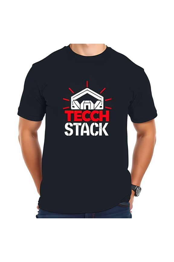 Stylish Navy Blue Cotton Short Sleeve T-Shirt with Server Rack Graphic & 'TECCH STACK' Text - Perfect for IT Professionals