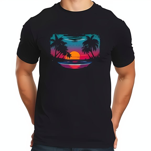 Stylish Navy Blue T-Shirt with Vintage Sunset Beach Graphic & Silhouetted Trees - Relaxed Fit