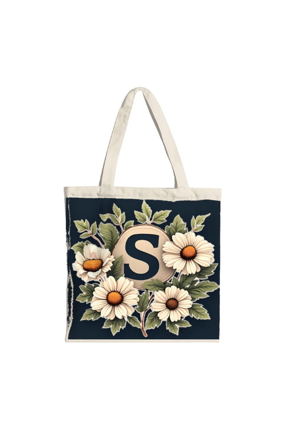 Stylish Navy Blue Tote Bag with Cream ' S ' and Floral Design - Perfect Reusable Canvas Bag for Shopping Travel and Parties