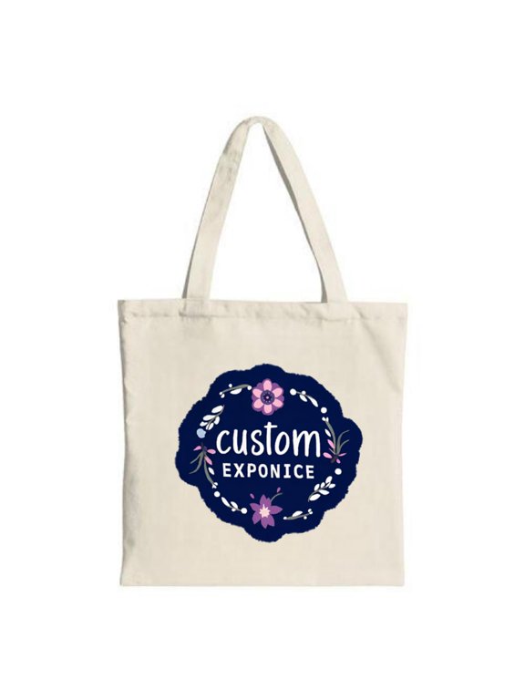 Stylish Navy Blue Tote Bag with White & Pink Floral Patterns ' Custom Exposice ' Text - Perfect for Shopping Travel & Parties