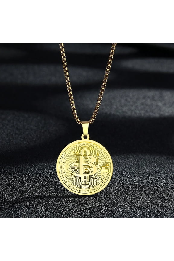 Stylish New 14K Yellow Gold Bitcoin Pendant Necklace Gold Plated Round Bitcoin Pendant Necklace Jewelry