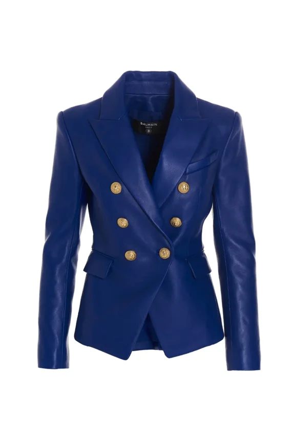 Stylish New Genuine Button Party Classic Real Lambskin Leather Blue Women Blazer