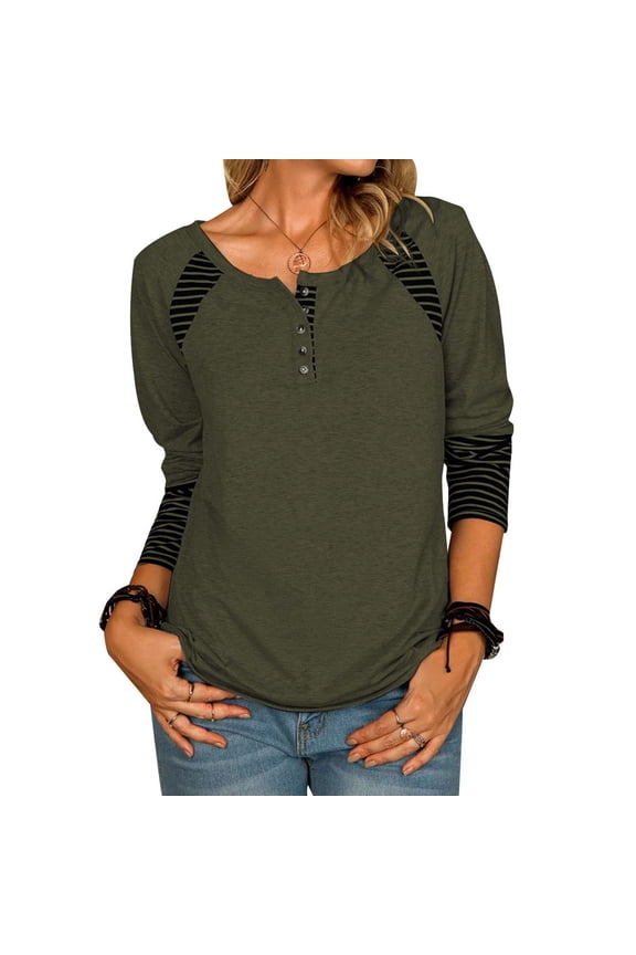 Stylish OD Green Ladies' Tops for Everyday Comfort, Size L Long Sleeve Button-Tunic Bienvenido