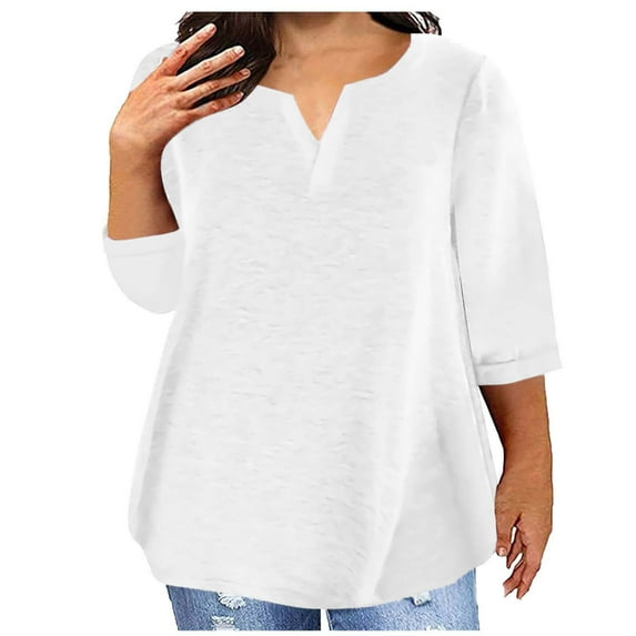 Stylish Olyvenn Plus Size Tops for Women Solid Summer Tops V Neck Short Sleeve T Shirts Oversized Trendy Dressy Casual Blouses White L