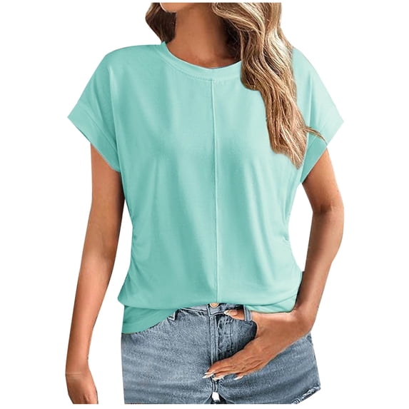 Stylish Olyvenn Spring Tops for Women Round Neck Cap Sleeve Side Ruched Summer Tops for Women Trendy Women Clothing Green L