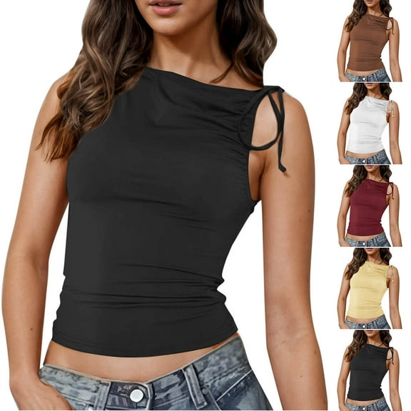 Stylish Olyvenn Women One Shoulder Ruched Crop Tank Tops Y2K Off The Shoulder Twist Strap Summer Tanks Tops Going Out Crop Shirts Black XL