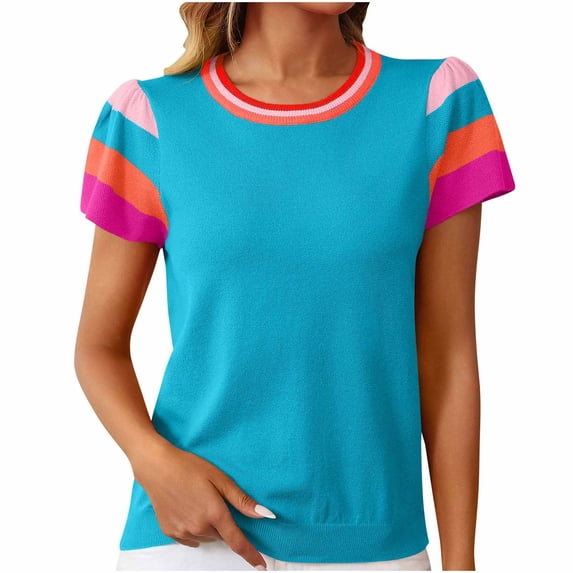 Stylish Olyvenn Women's Color Block Knitted Tops Casual Crewneck Short Sleeve Sweaters Loose Pullover Dressy Blouses T Shirts Blue M