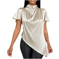 thumbnail image 1 of Stylish Olyvenn Women's Satin Mock Neck Short Sleeve Draped Front Work Office Blouse Top Batwing Sleeve Irregular Hem Blouse Shirts Beige L, 1 of 5
