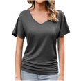 thumbnail image 1 of Stylish Olyvenn Women's V Neck Tunic Tops Short Sleeve T Shirts with Side Shirring Ruched Blouse Shirts Solid Casual Summer Tops Gray M, 1 of 3