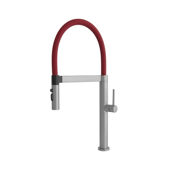 Stylish 20 ⅞" Ht Single Handle Brushed Stainless Steel with Red Spout Hose Pull Out Three Modes Kitchen Faucet K-140R