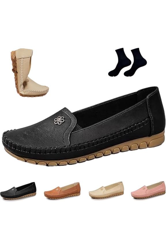 Stylish Orthopedic Leather Shoes - All-Day Comfort for Women, Lightweight, Anti-Slip, Breathable Flat-Soled Shoes with Flower, Casual Slip-On Walking Loafers
