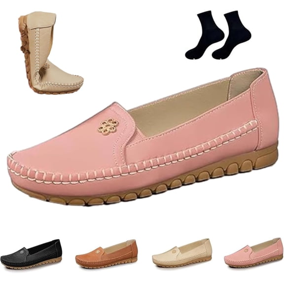 Stylish Orthopedic Leather Shoes - All-Day Comfort for Women, Lightweight, Anti-Slip, Breathable Flat-Soled Shoes with Flower, Casual Slip-On Walking Loafers