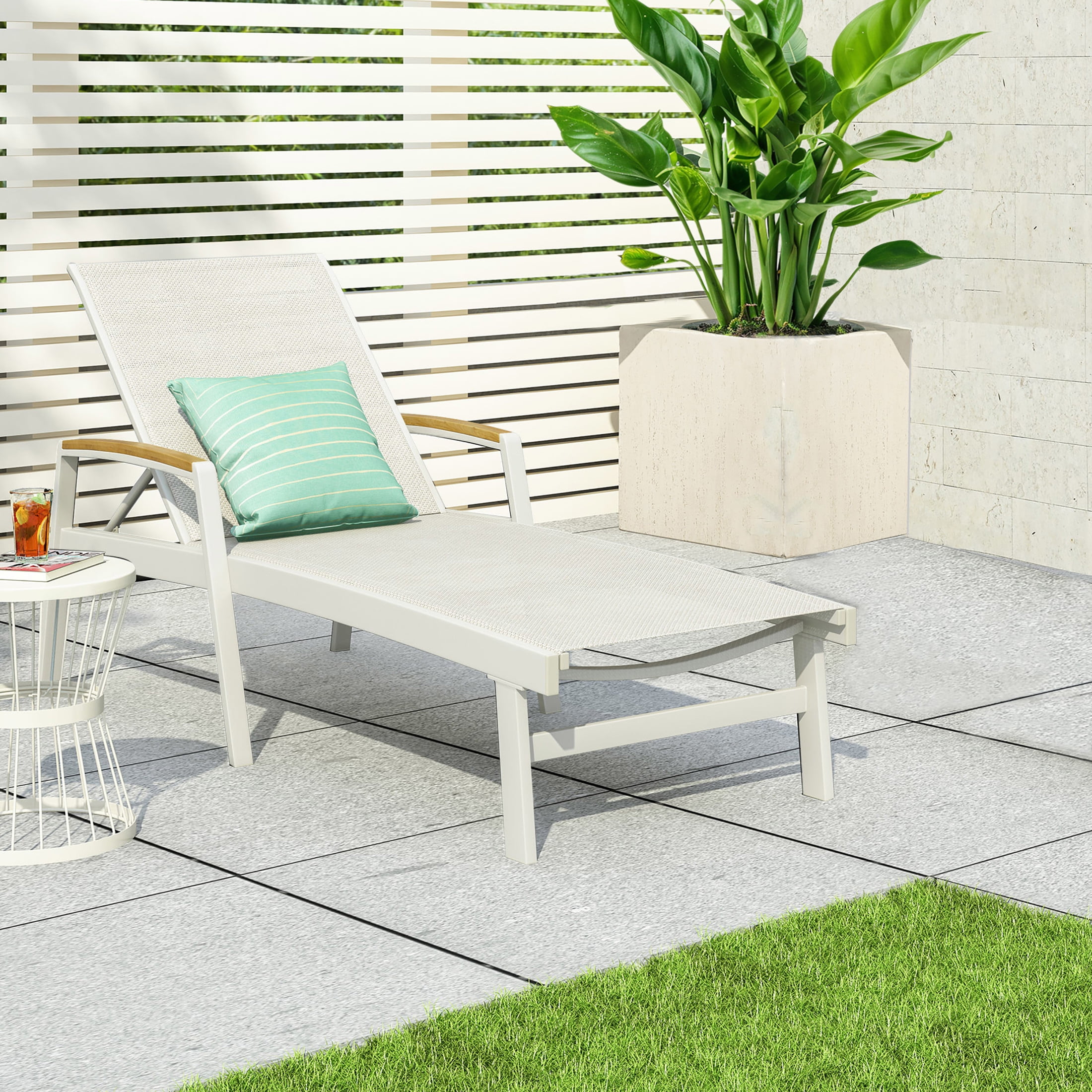 Stylish Outdoor Adjustable Chaise Lounges with Aluminum Frame and Mesh Seating, White+Natural
