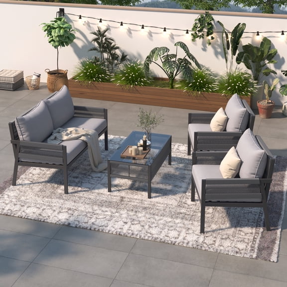Stylish Outdoor Patio Furniture In Grey With Cushion Covers And Strong Frame Modern Rope Weave Extra Thick Cushions Glass Table