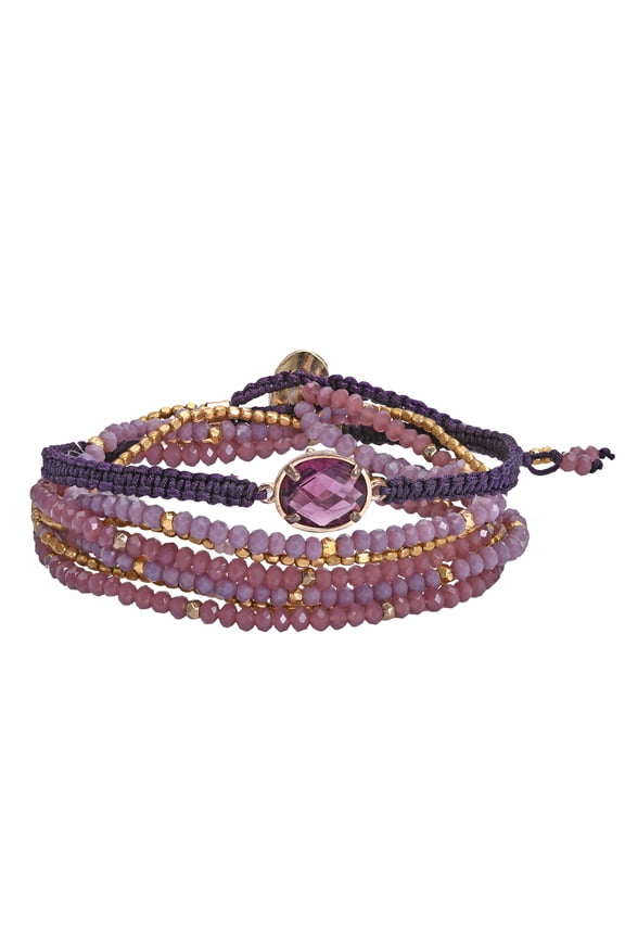 Stylish Oval Shaped Faceted Crystal with Purple Tone Beads Wrap Bracelet