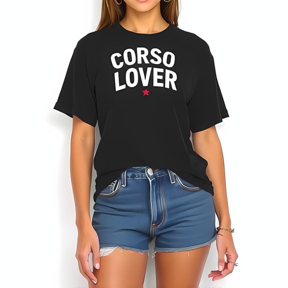 Stylish Oversized Black Cotton T-Shirt with 'CORSO LOVER' Print and Red Star Accent - Casual Summer Tee