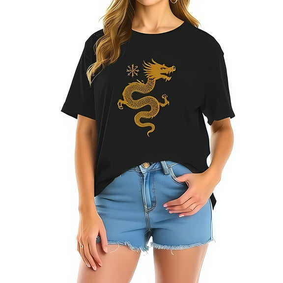 Stylish Oversized Black T-Shirt with Gold Dragon Design - Casual Summer Fashion