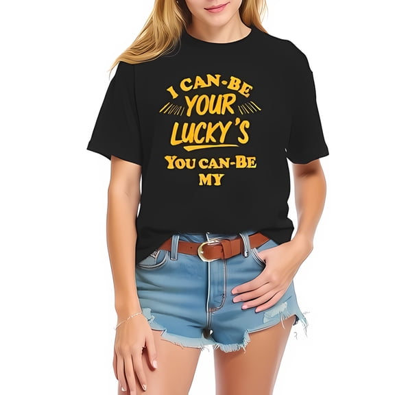 Stylish Oversized Cotton Short Sleeve T-Shirt with Playful Golden Lettering: " I can-be your lucky's you can-be my " - Casual Summer Tee