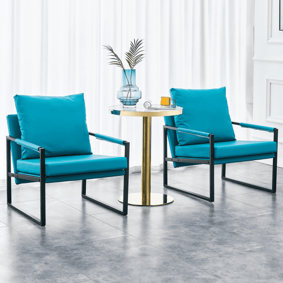 Stylish PU Leather Accent Arm Sofa Chair, Modern Upholstered Armchair with Metal Frame Extra-Thick Padded Backrest and Seat Cushion Sofa Chairs for Living Room, Cyan