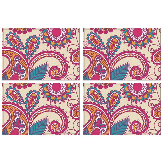 Stylish Paisley Placemats Set of 4, Flax Linen Table Mats Featuring Colorful Vintage Boho Floral Prints with Elegant Mandala and Geometric Designs